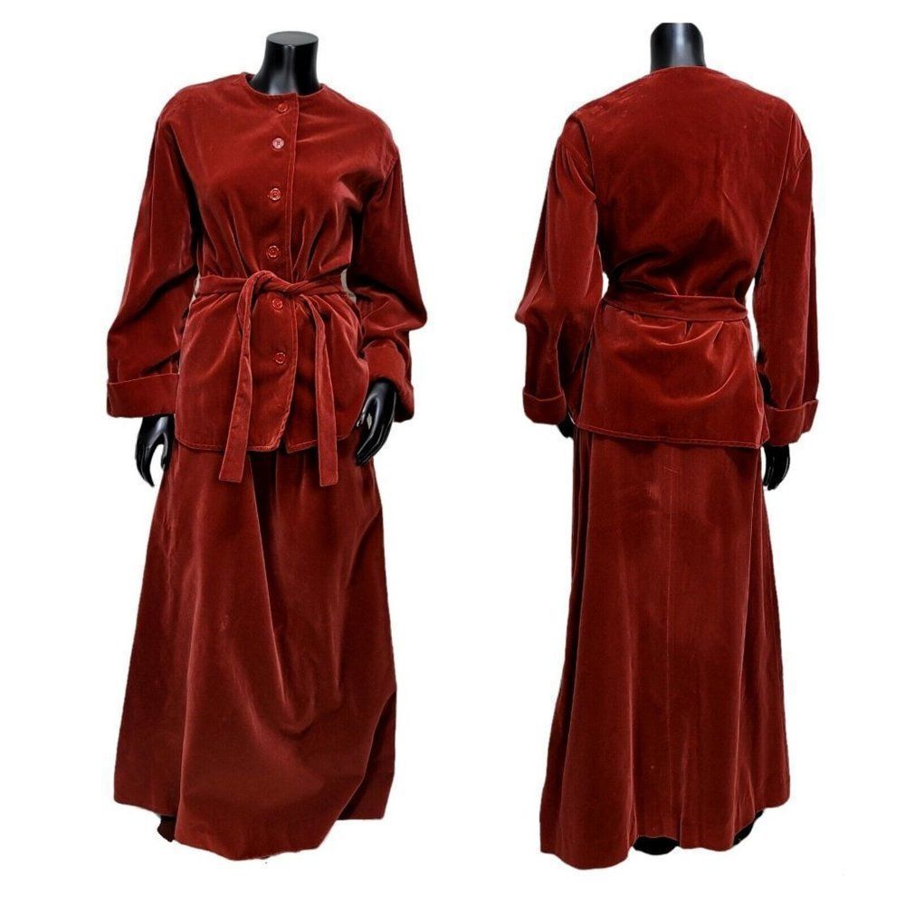 Vintage 70s Lenexa‎ Place Rust Velour 2Pc Skirt Suit Set Belted Maxi USA ILGWU